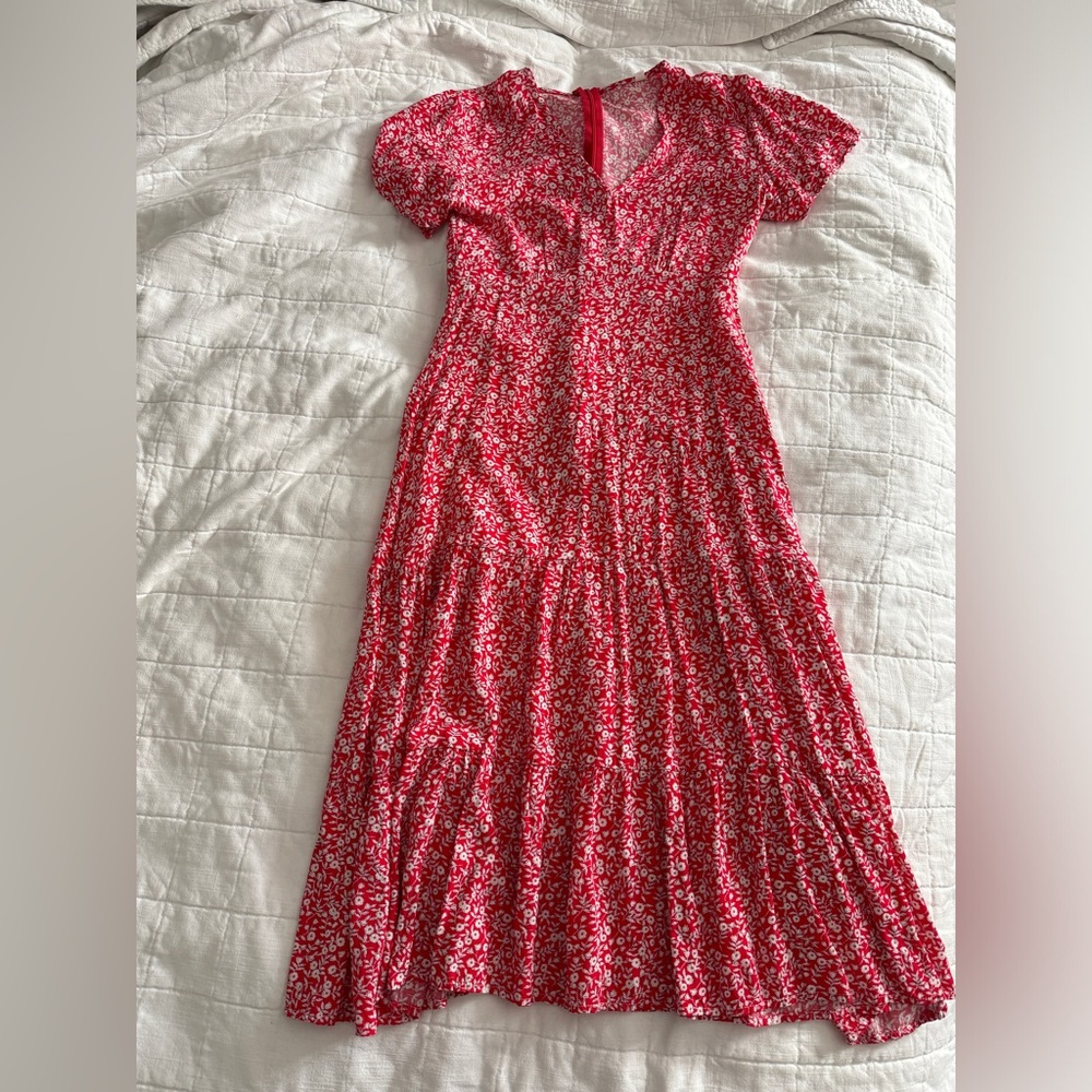 Cheerful Red Floral Summer Midi Dress, Small